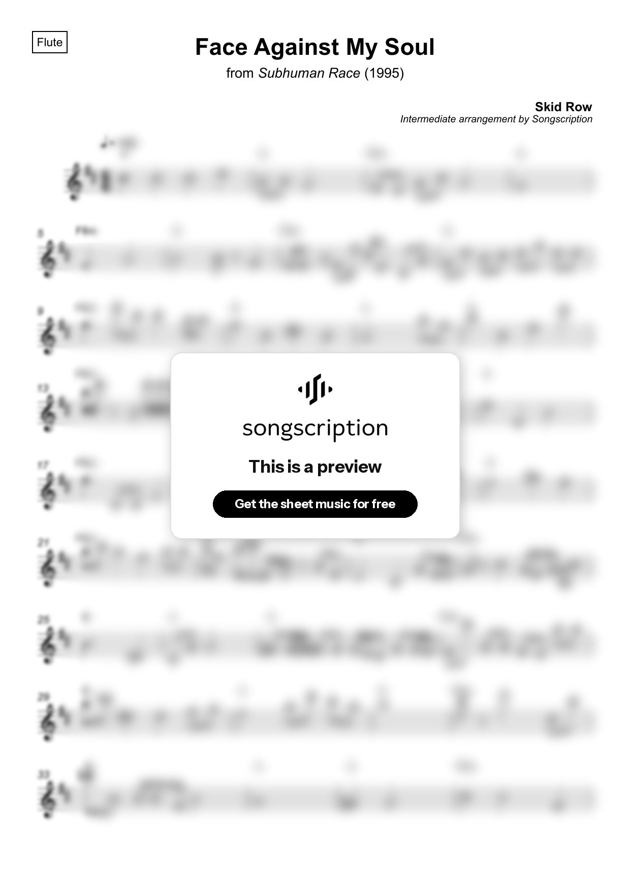 Intermediate Flute Sheet Music for "Face Against My Soul" by Skid Row