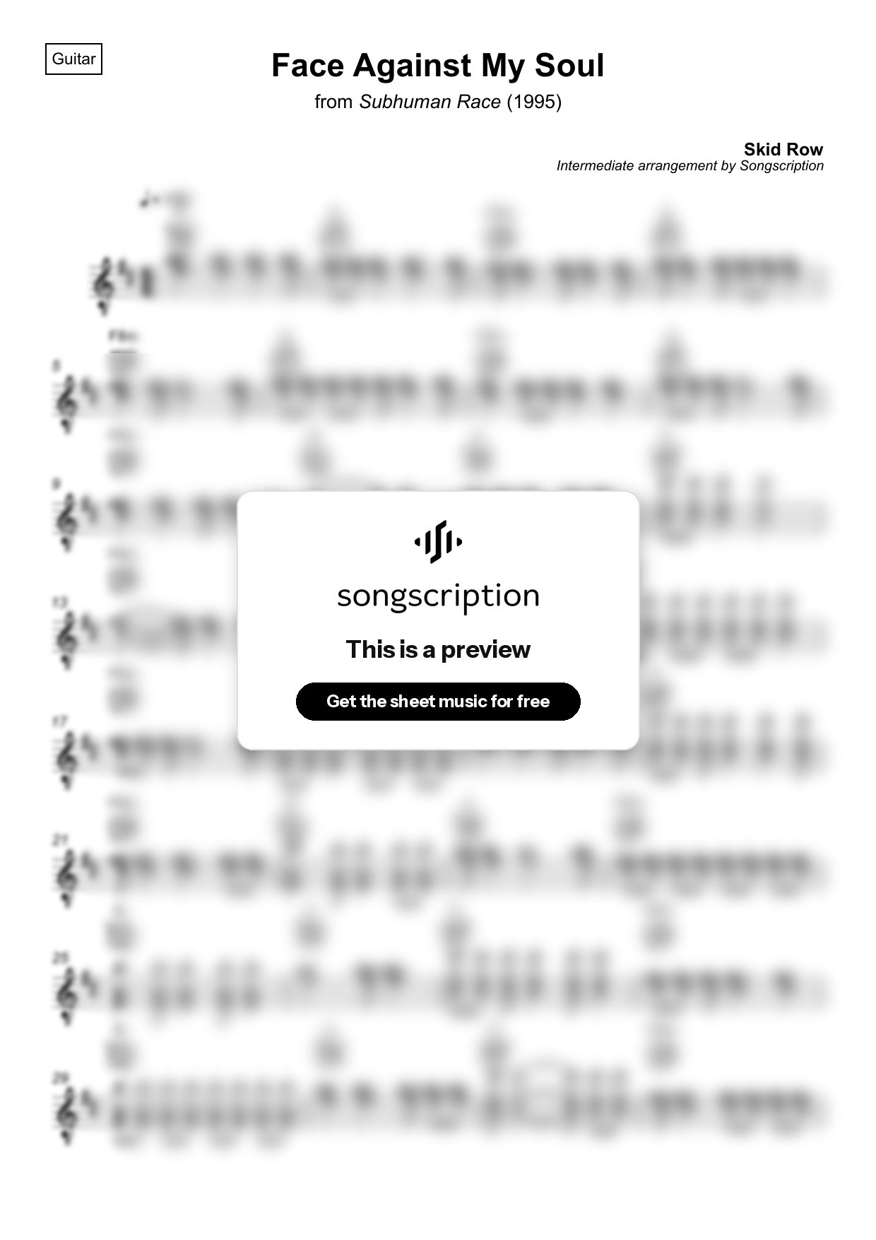 Intermediate Acoustic Guitar Sheet Music for "Face Against My Soul" by Skid Row
