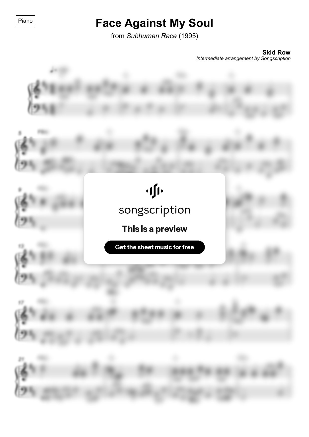 Intermediate Piano Sheet Music for "Face Against My Soul" by Skid Row