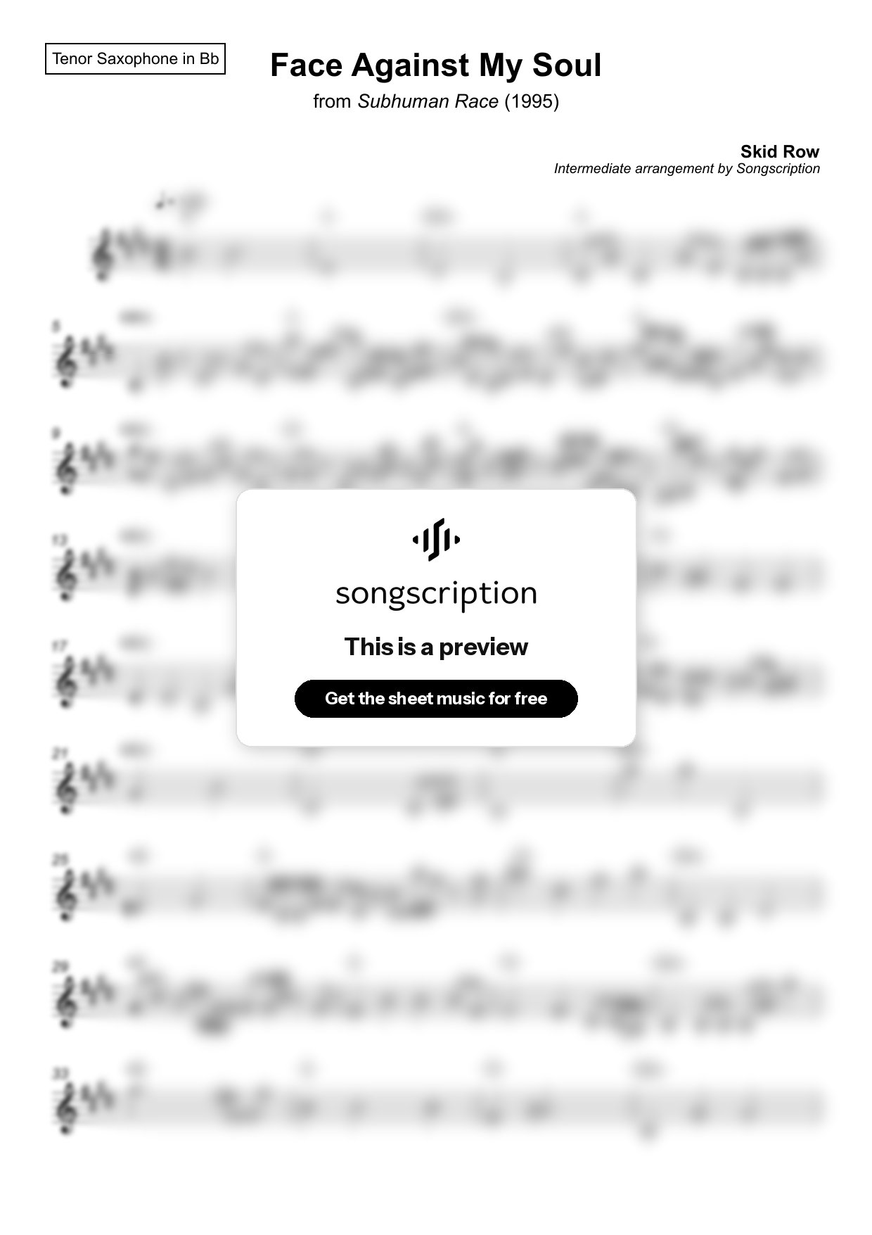 Intermediate Tenor Sax Sheet Music for "Face Against My Soul" by Skid Row