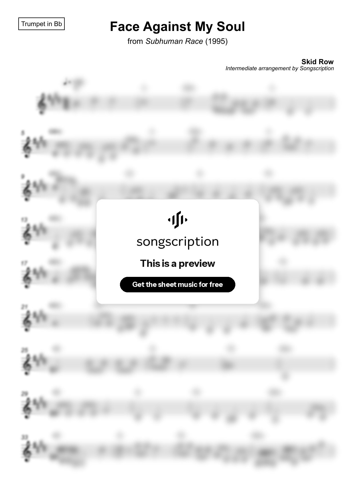 Intermediate Trumpet Sheet Music for "Face Against My Soul" by Skid Row