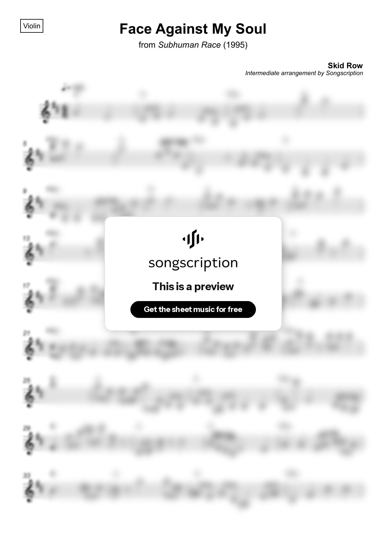 Intermediate Violin Sheet Music for "Face Against My Soul" by Skid Row