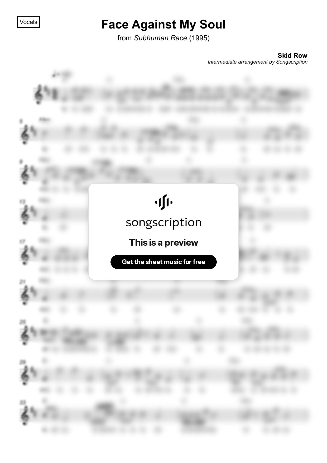 Intermediate Vocals Sheet Music for "Face Against My Soul" by Skid Row