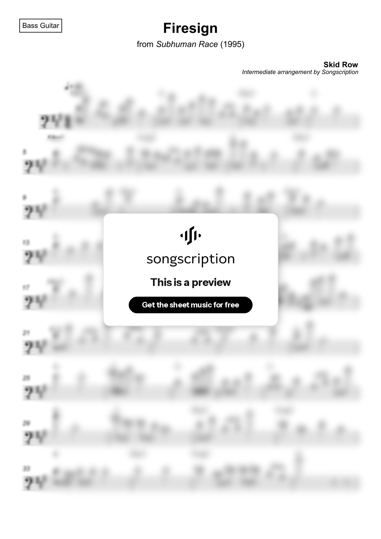 Intermediate Bass Guitar Sheet Music for "Firesign" by Skid Row