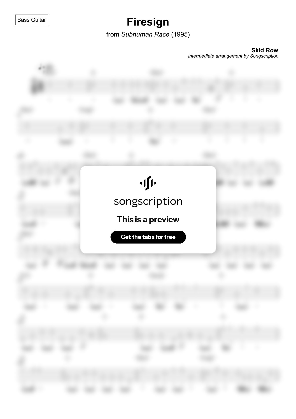Intermediate Bass Guitar Tabs for "Firesign" by Skid Row