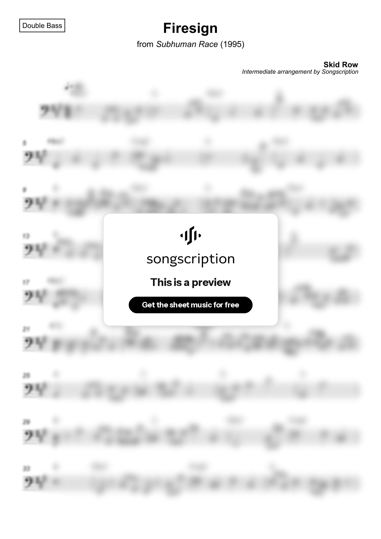 Intermediate Double Bass Sheet Music for "Firesign" by Skid Row