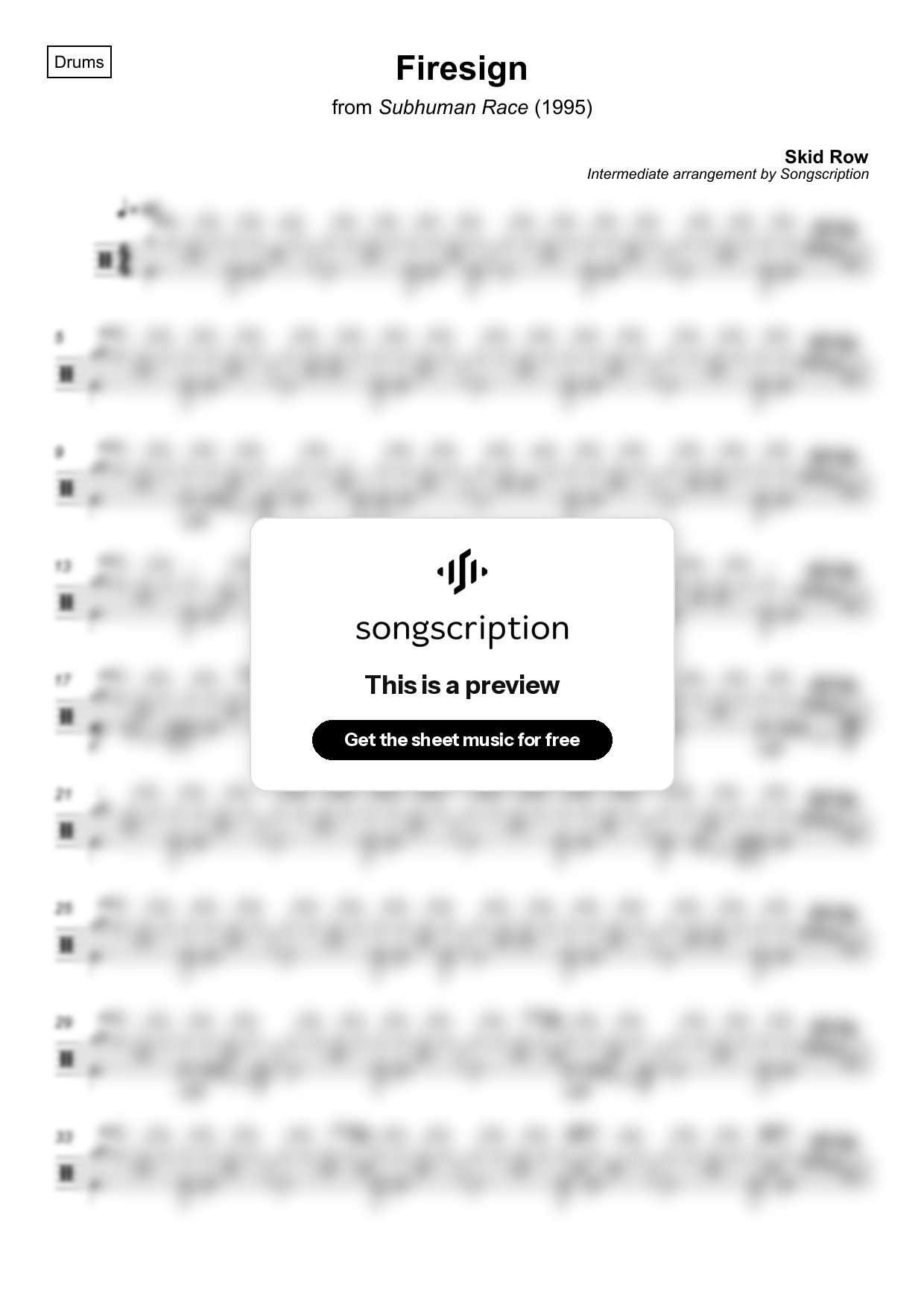 Intermediate Drums Sheet Music for "Firesign" by Skid Row