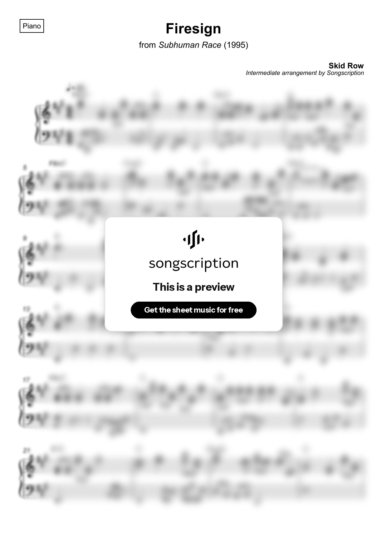 Intermediate Piano Sheet Music for "Firesign" by Skid Row