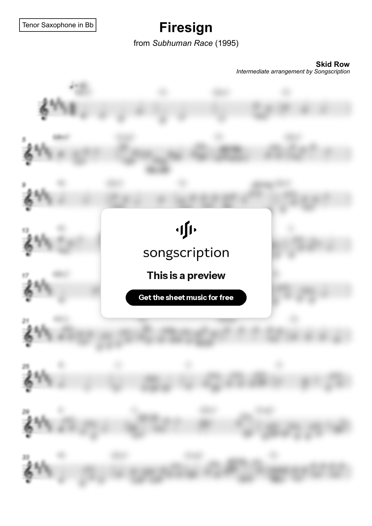 Intermediate Tenor Sax Sheet Music for "Firesign" by Skid Row