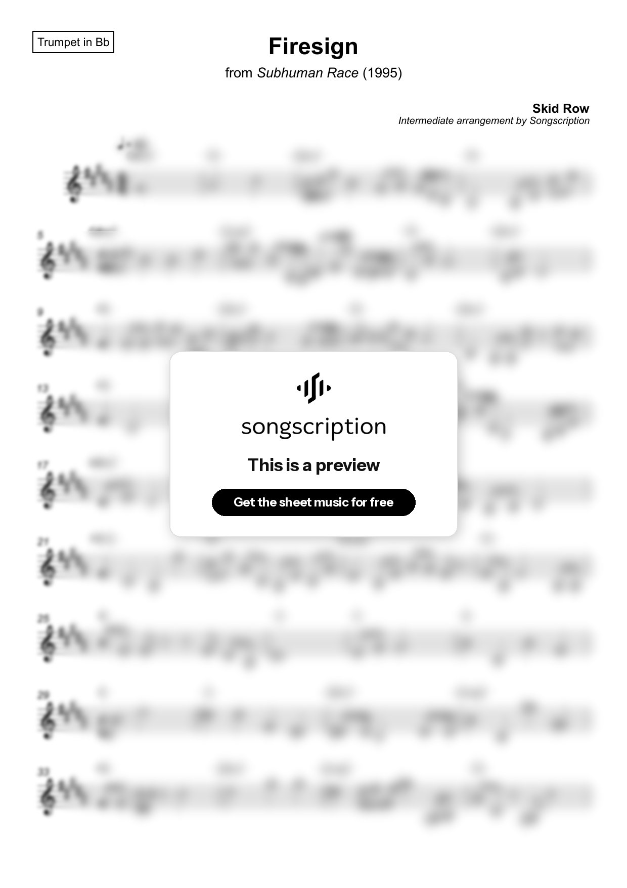 Intermediate Trumpet Sheet Music for "Firesign" by Skid Row