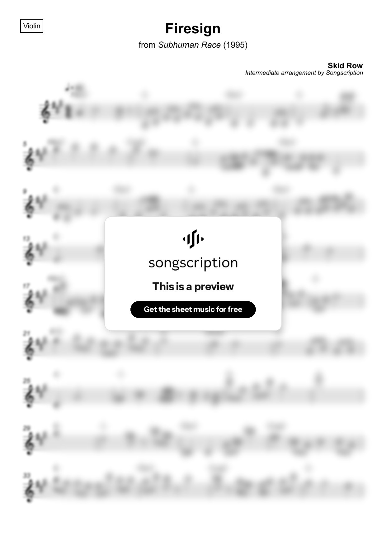 Intermediate Violin Sheet Music for "Firesign" by Skid Row