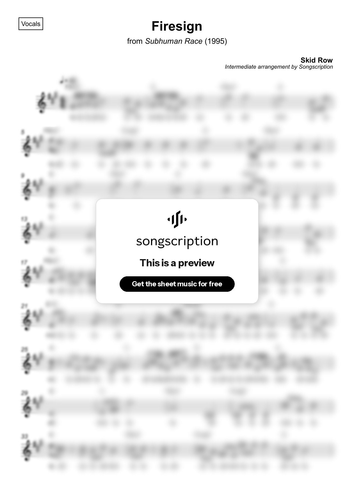 Intermediate Vocals Sheet Music for "Firesign" by Skid Row