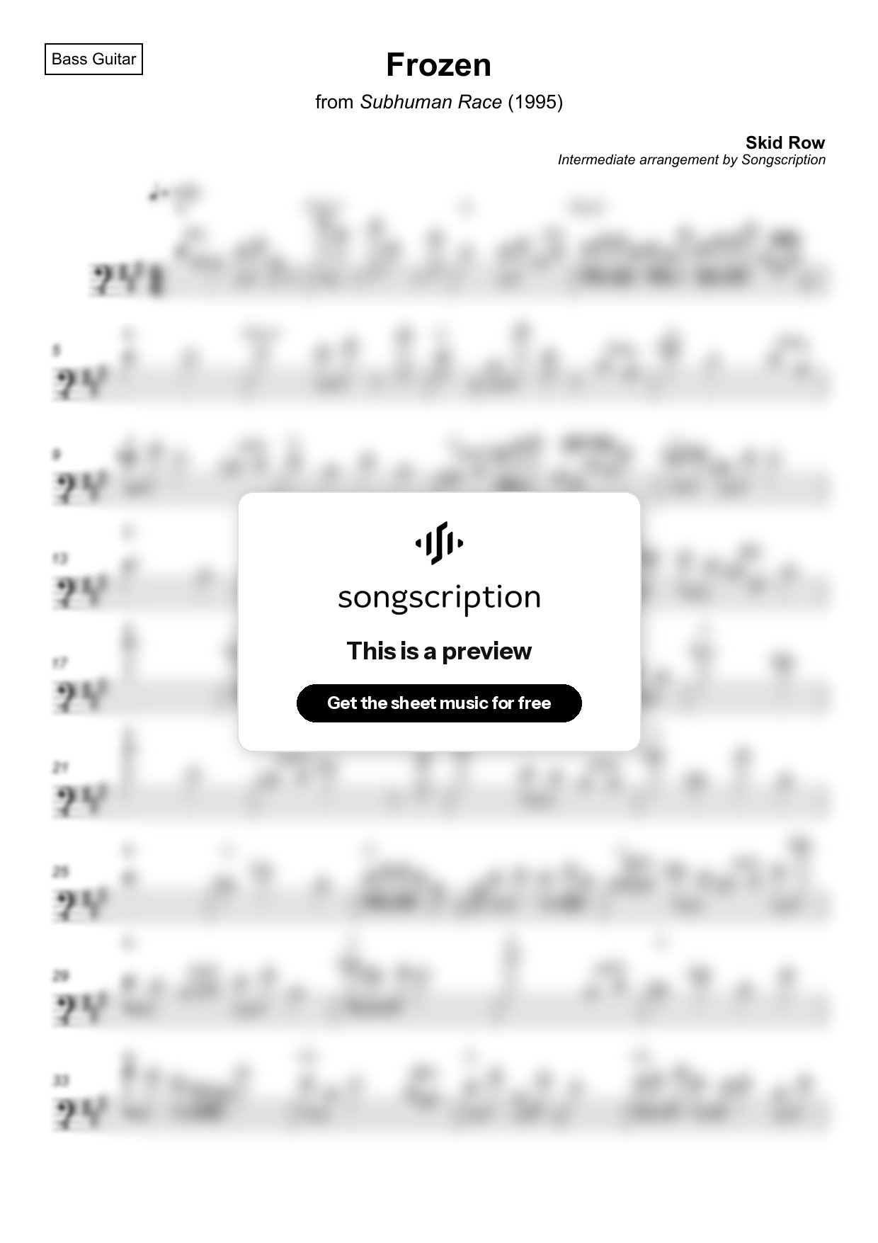 Intermediate Bass Guitar Sheet Music for "Frozen" by Skid Row