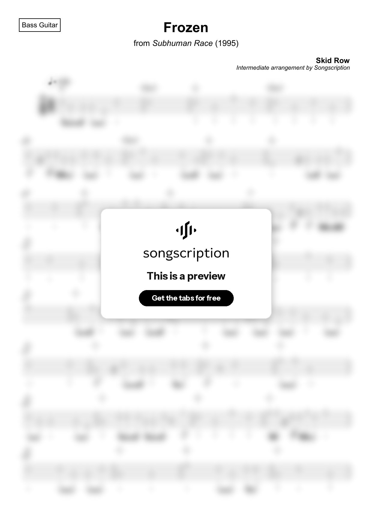 Intermediate Bass Guitar Tabs for "Frozen" by Skid Row