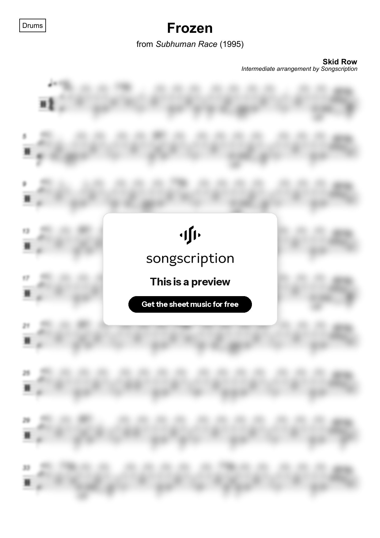 Intermediate Drums Sheet Music for "Frozen" by Skid Row