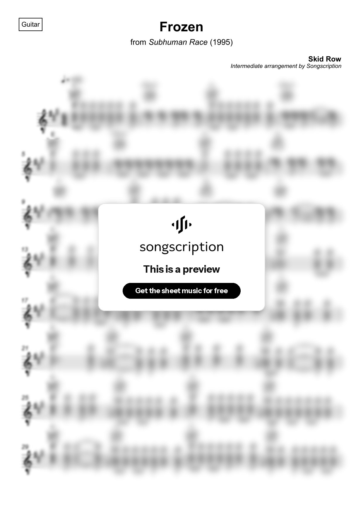 Intermediate Acoustic Guitar Sheet Music for "Frozen" by Skid Row