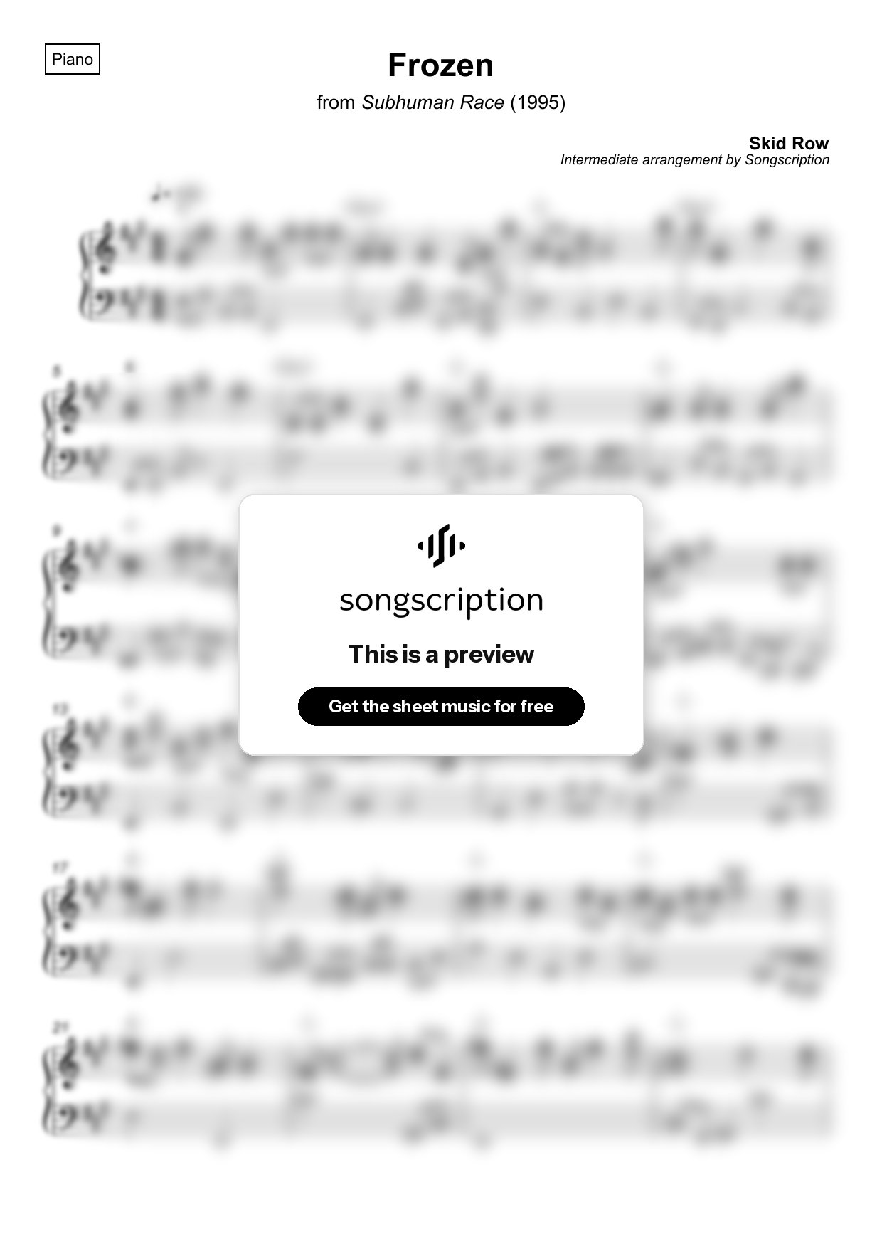 Intermediate Piano Sheet Music for "Frozen" by Skid Row