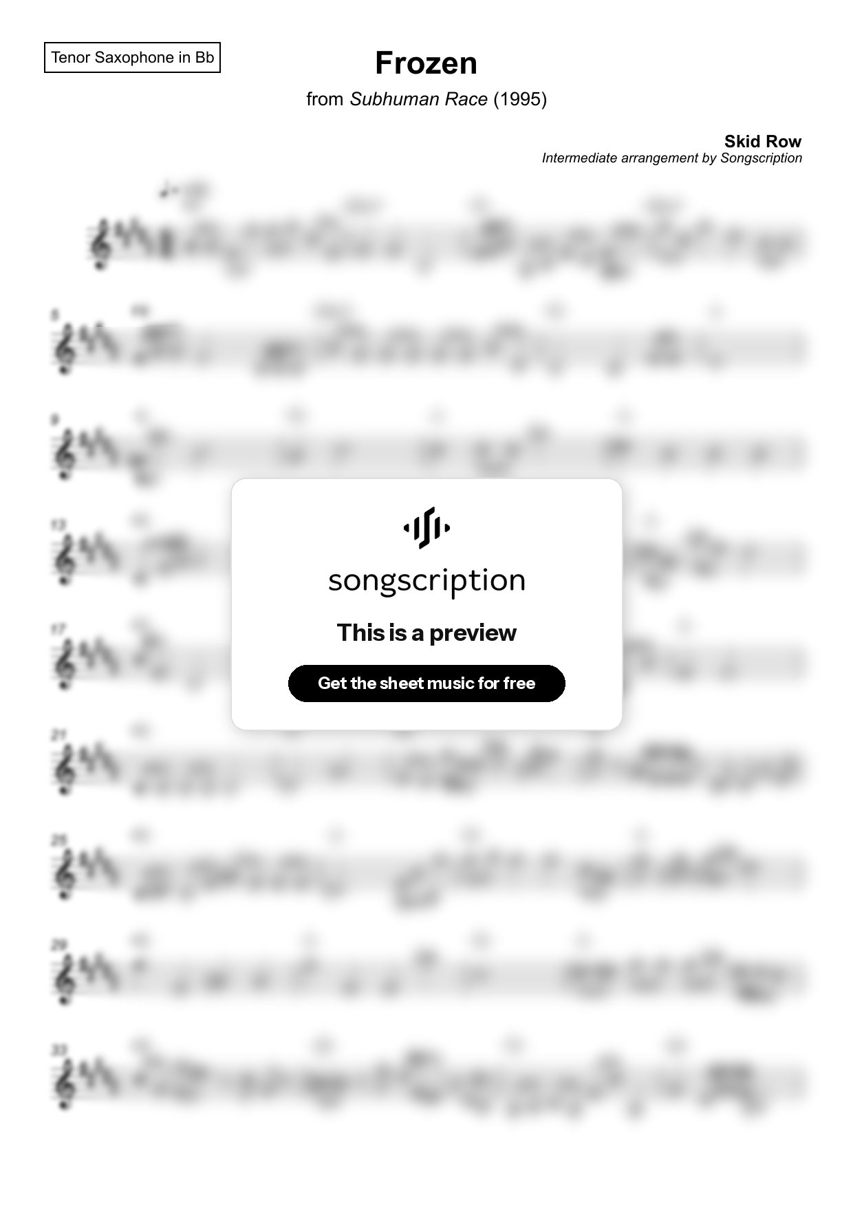 Intermediate Tenor Sax Sheet Music for "Frozen" by Skid Row