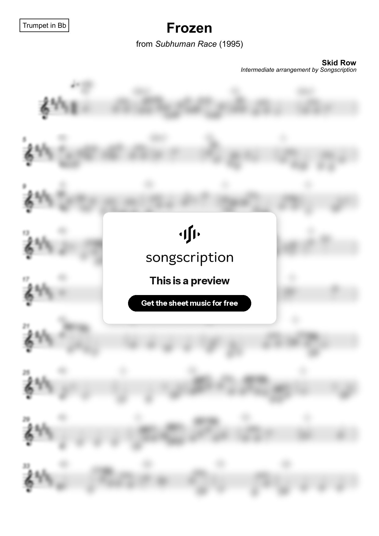 Intermediate Trumpet Sheet Music for "Frozen" by Skid Row