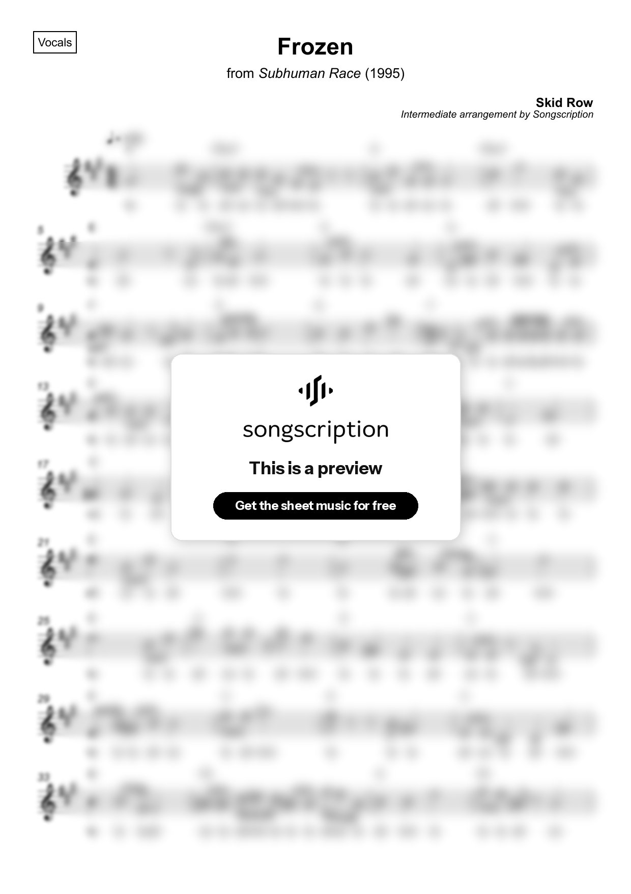 Intermediate Vocals Sheet Music for "Frozen" by Skid Row