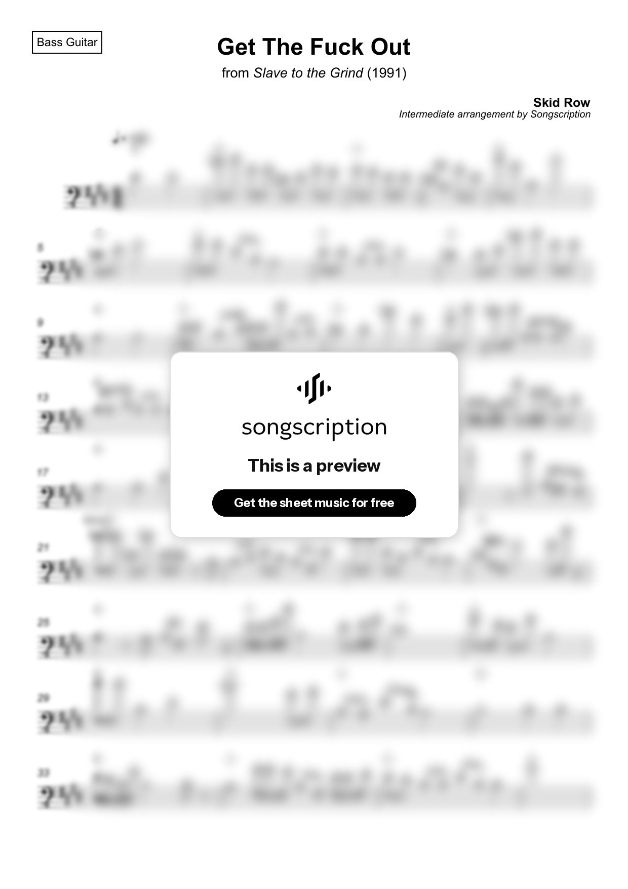 Intermediate Bass Guitar Sheet Music for "Get The Fuck Out" by Skid Row