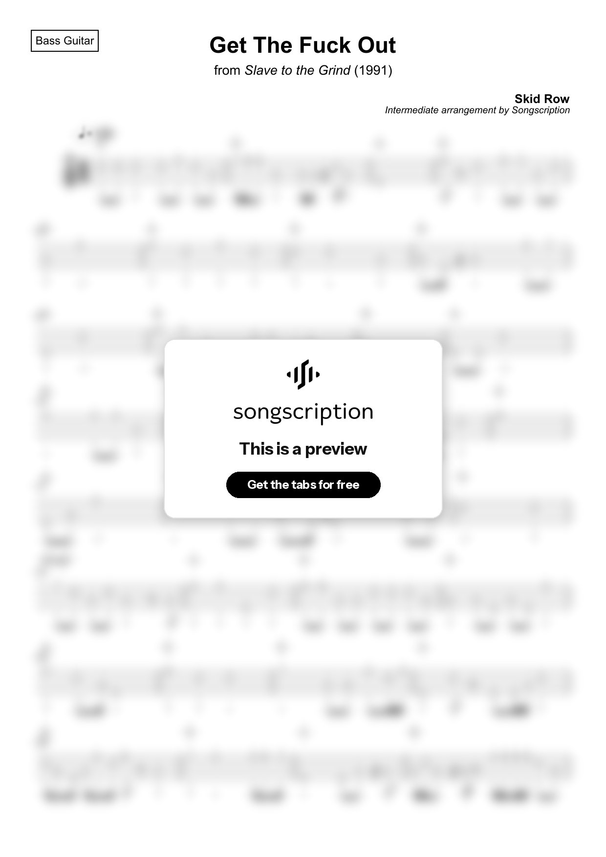 Intermediate Bass Guitar Tabs for "Get The Fuck Out" by Skid Row