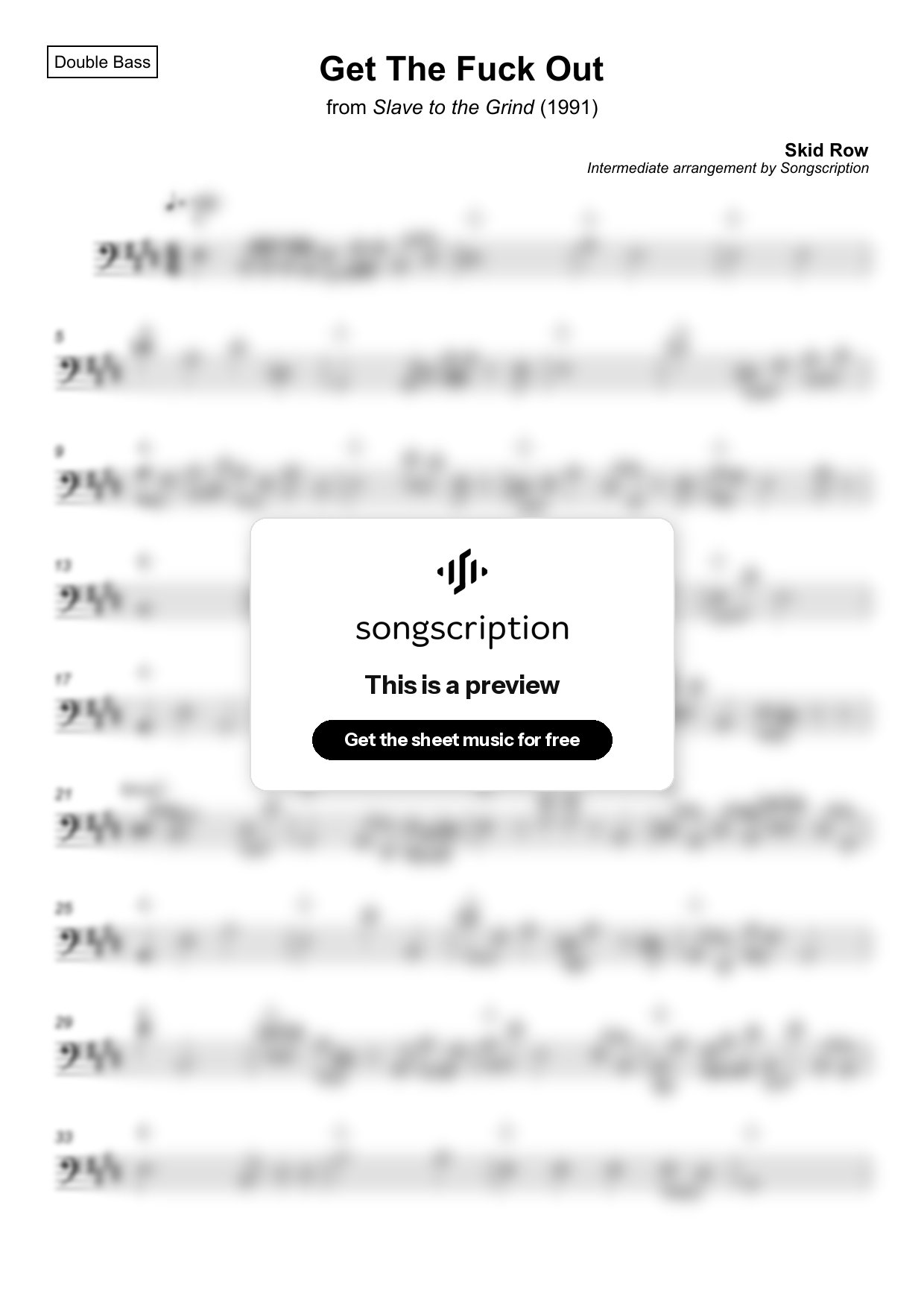Intermediate Double Bass Sheet Music for "Get The Fuck Out" by Skid Row