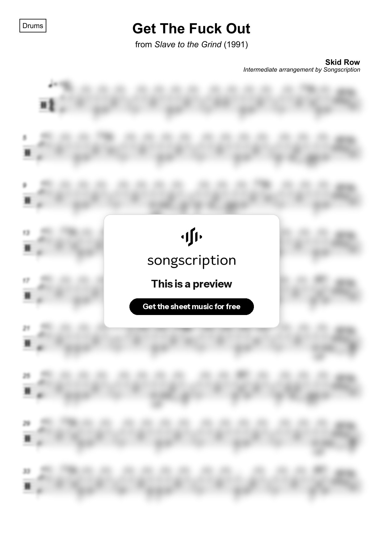 Intermediate Drums Sheet Music for "Get The Fuck Out" by Skid Row