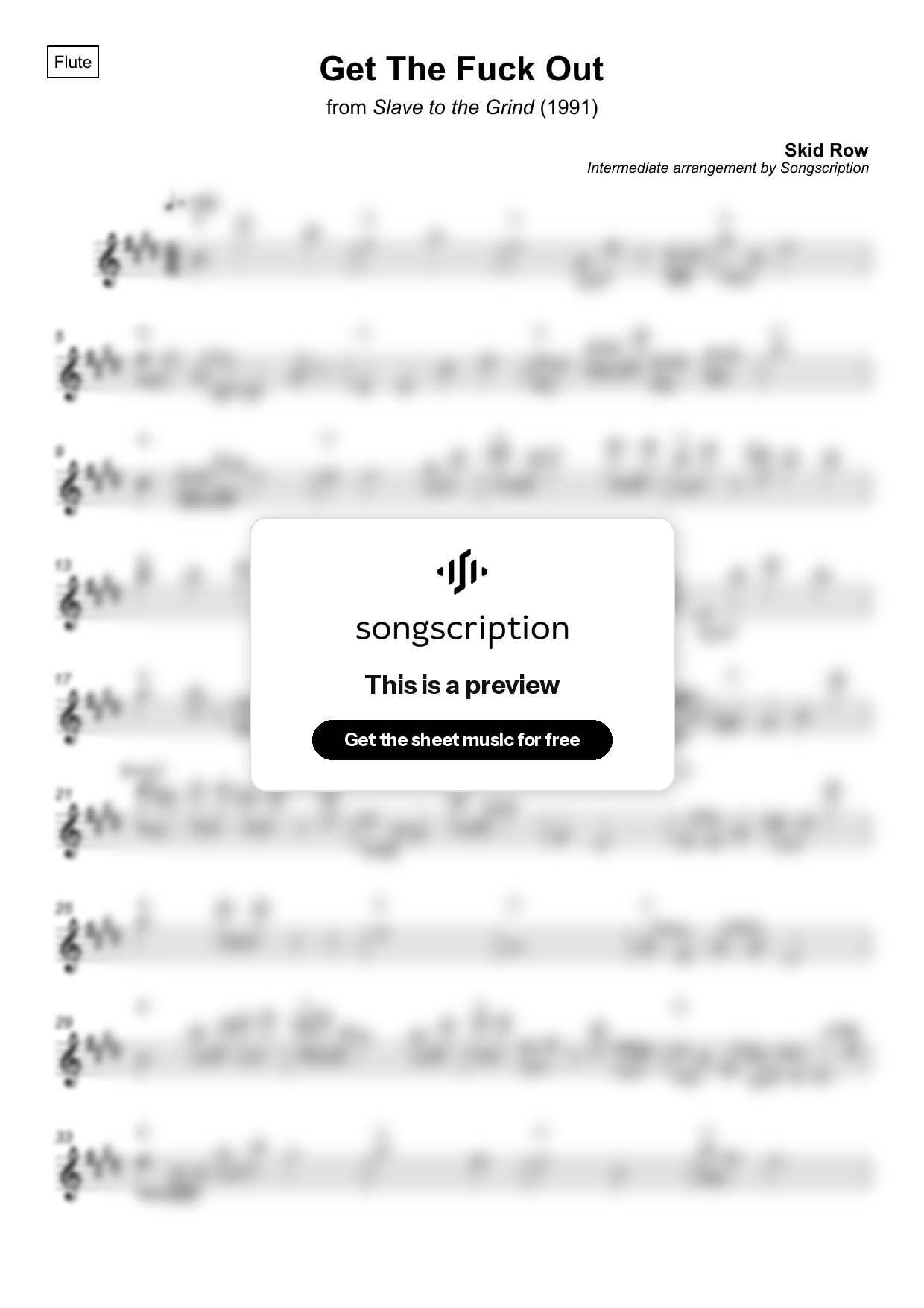 Intermediate Flute Sheet Music for "Get The Fuck Out" by Skid Row
