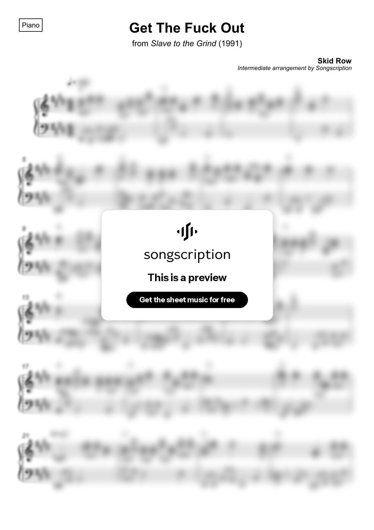 Intermediate Piano Sheet Music for "Get The Fuck Out" by Skid Row
