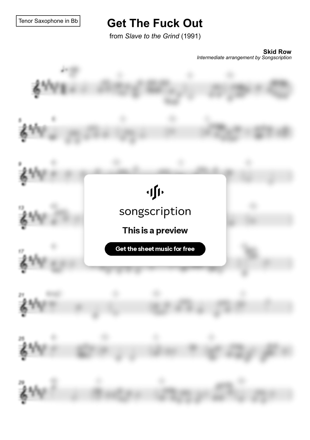 Intermediate Tenor Sax Sheet Music for "Get The Fuck Out" by Skid Row