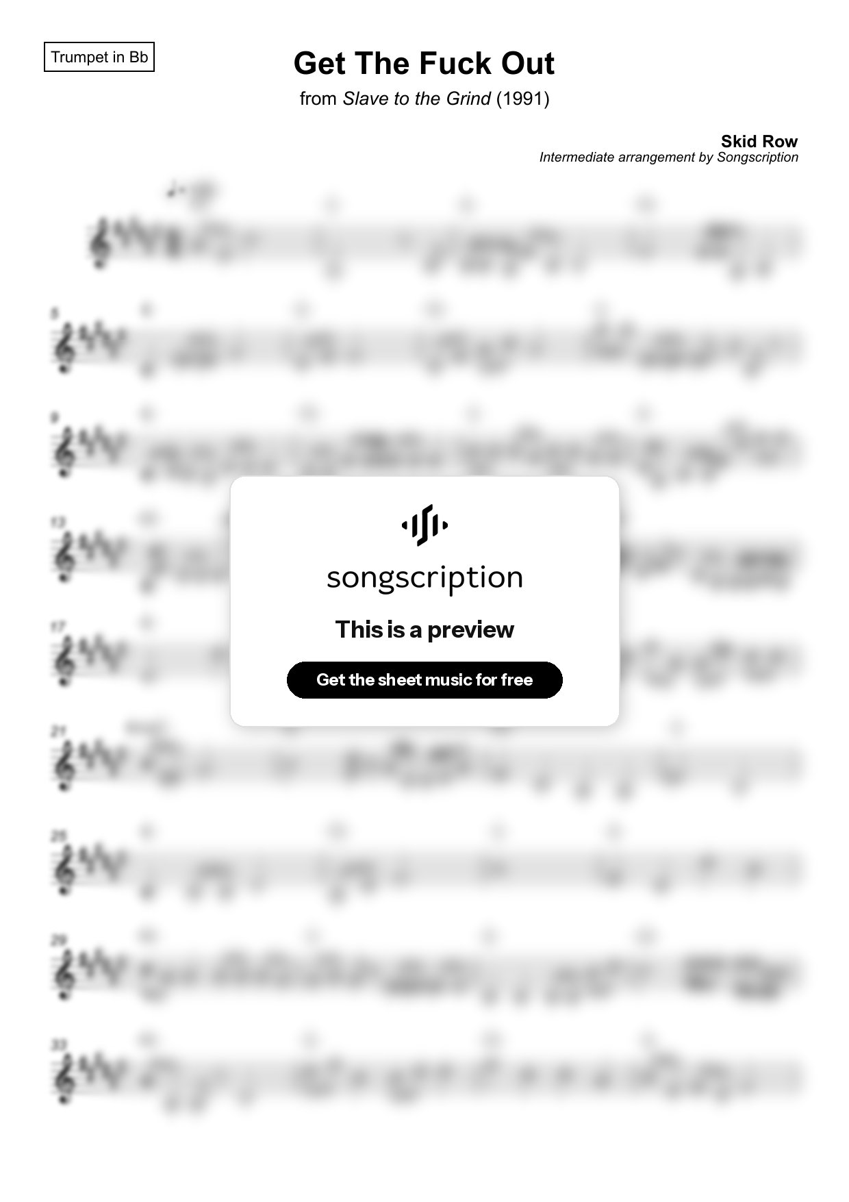 Intermediate Trumpet Sheet Music for "Get The Fuck Out" by Skid Row