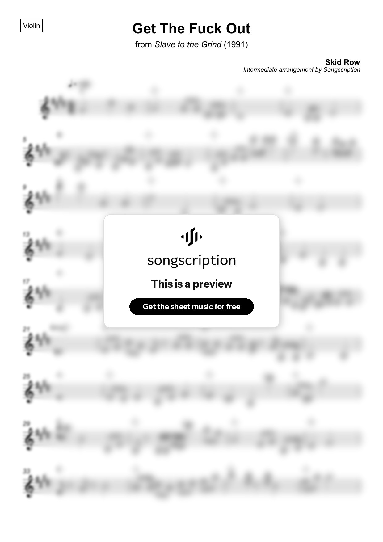 Intermediate Violin Sheet Music for "Get The Fuck Out" by Skid Row
