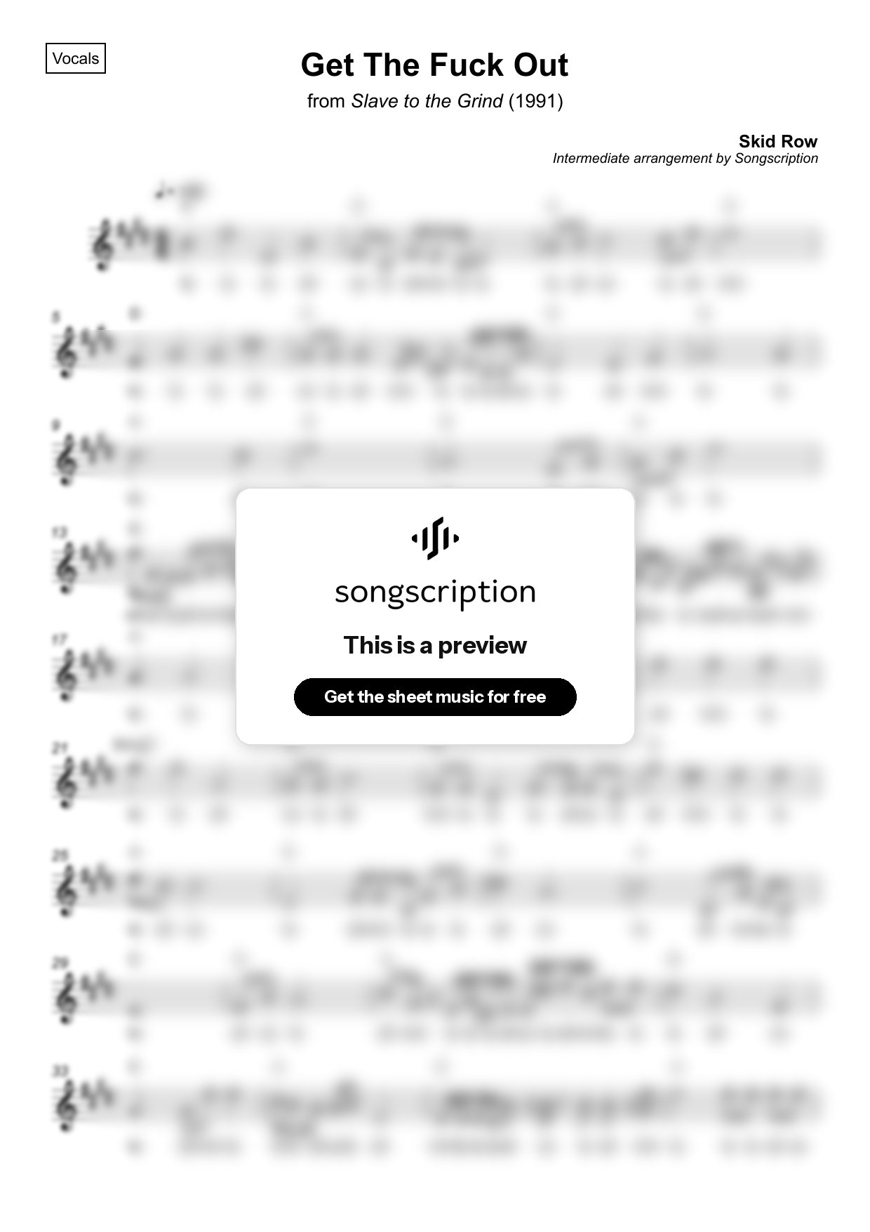 Intermediate Vocals Sheet Music for "Get The Fuck Out" by Skid Row