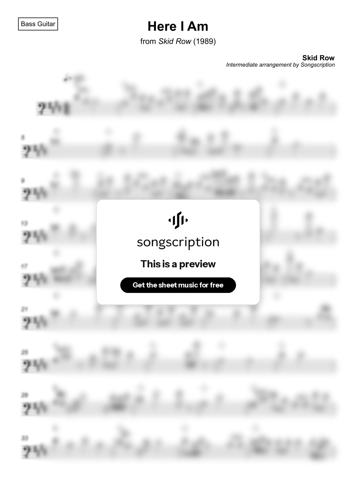 Intermediate Bass Guitar Sheet Music for "Here I Am" by Skid Row