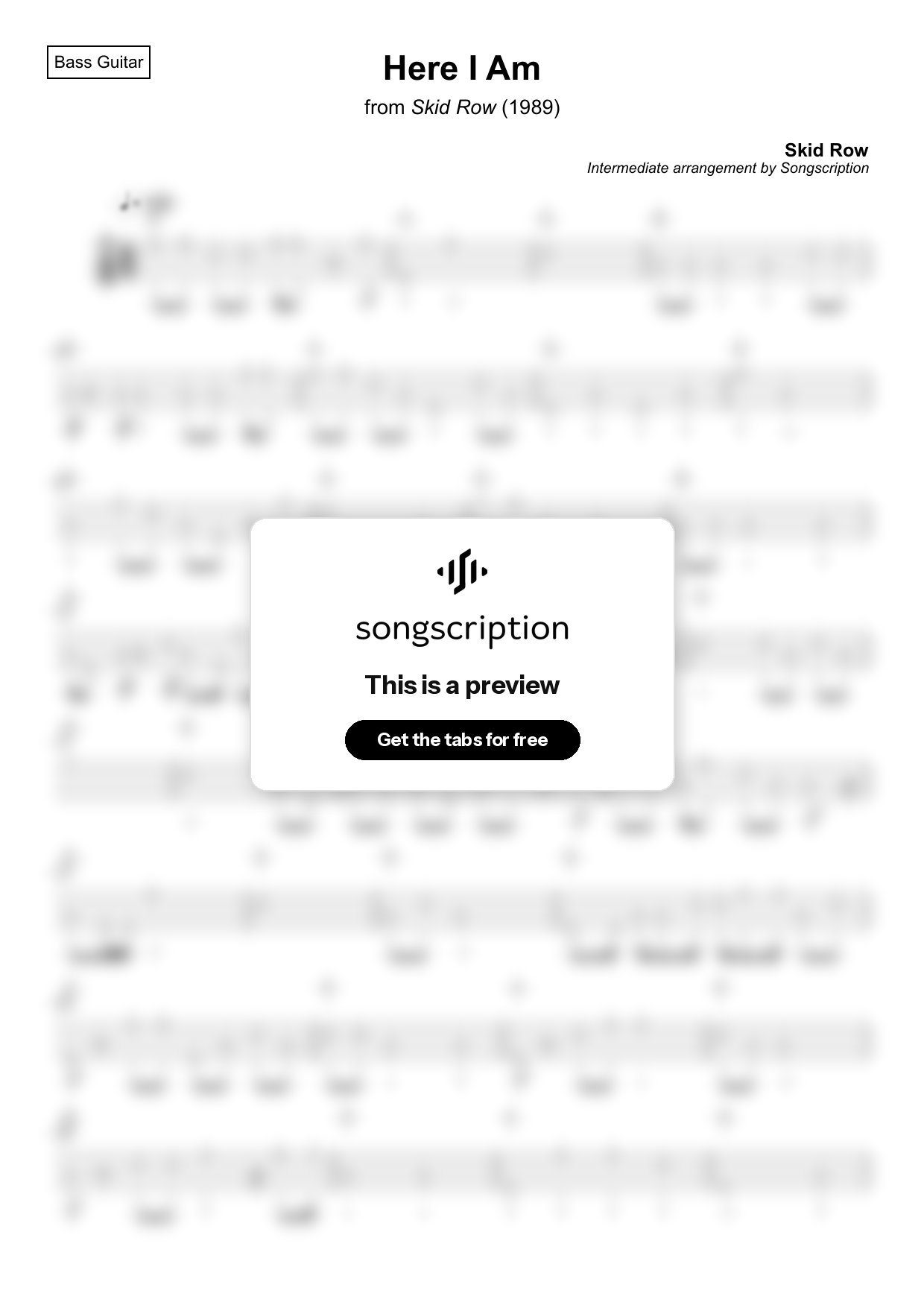 Intermediate Bass Guitar Tabs for "Here I Am" by Skid Row