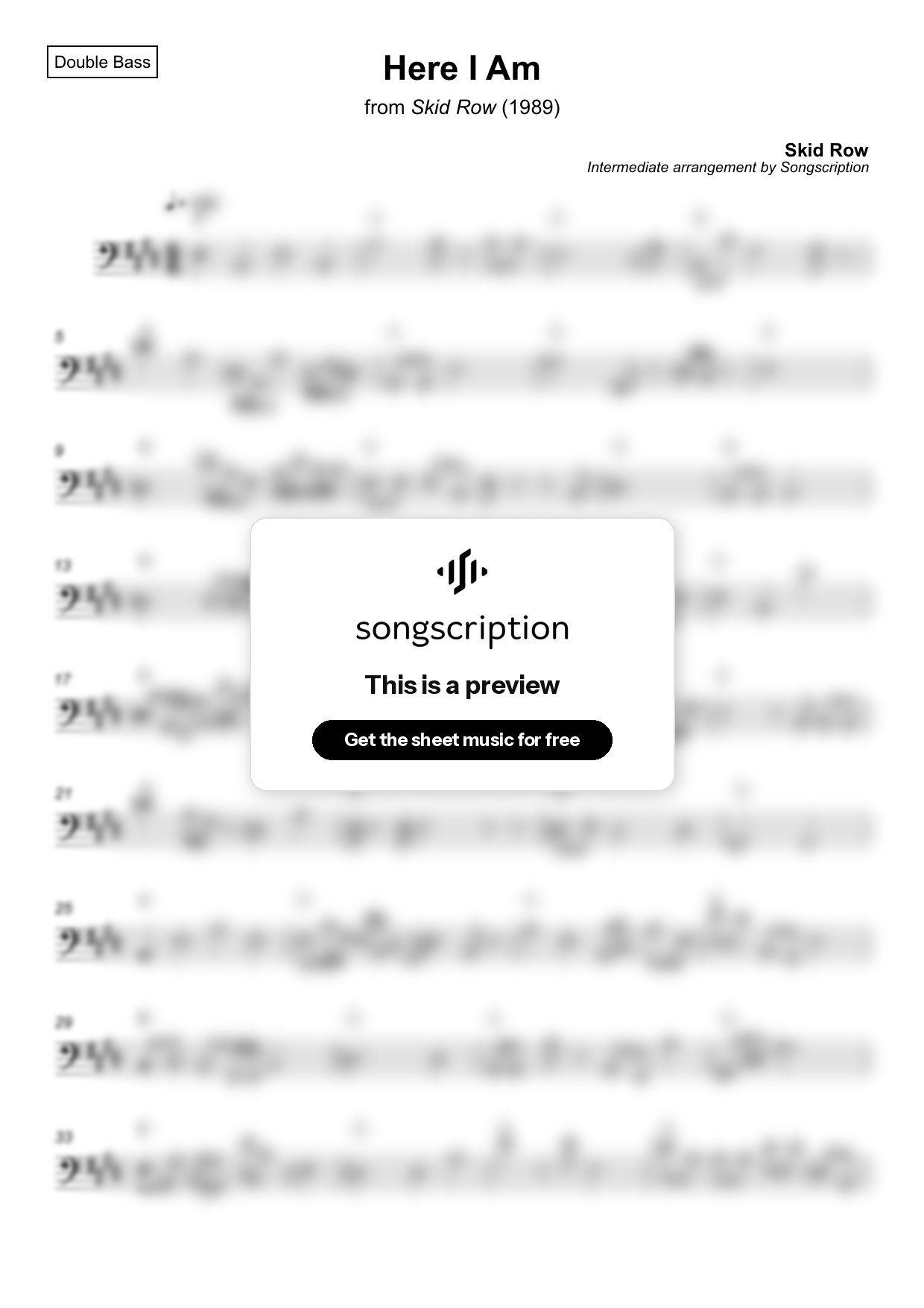 Intermediate Double Bass Sheet Music for "Here I Am" by Skid Row