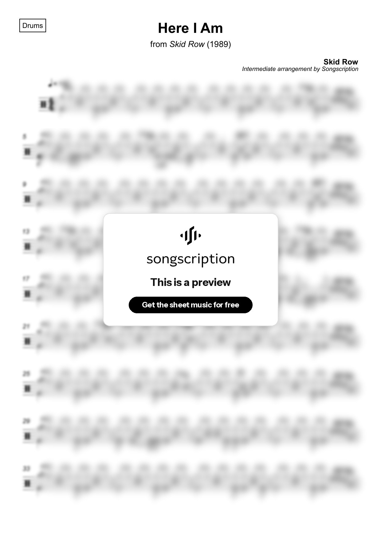 Intermediate Drums Sheet Music for "Here I Am" by Skid Row