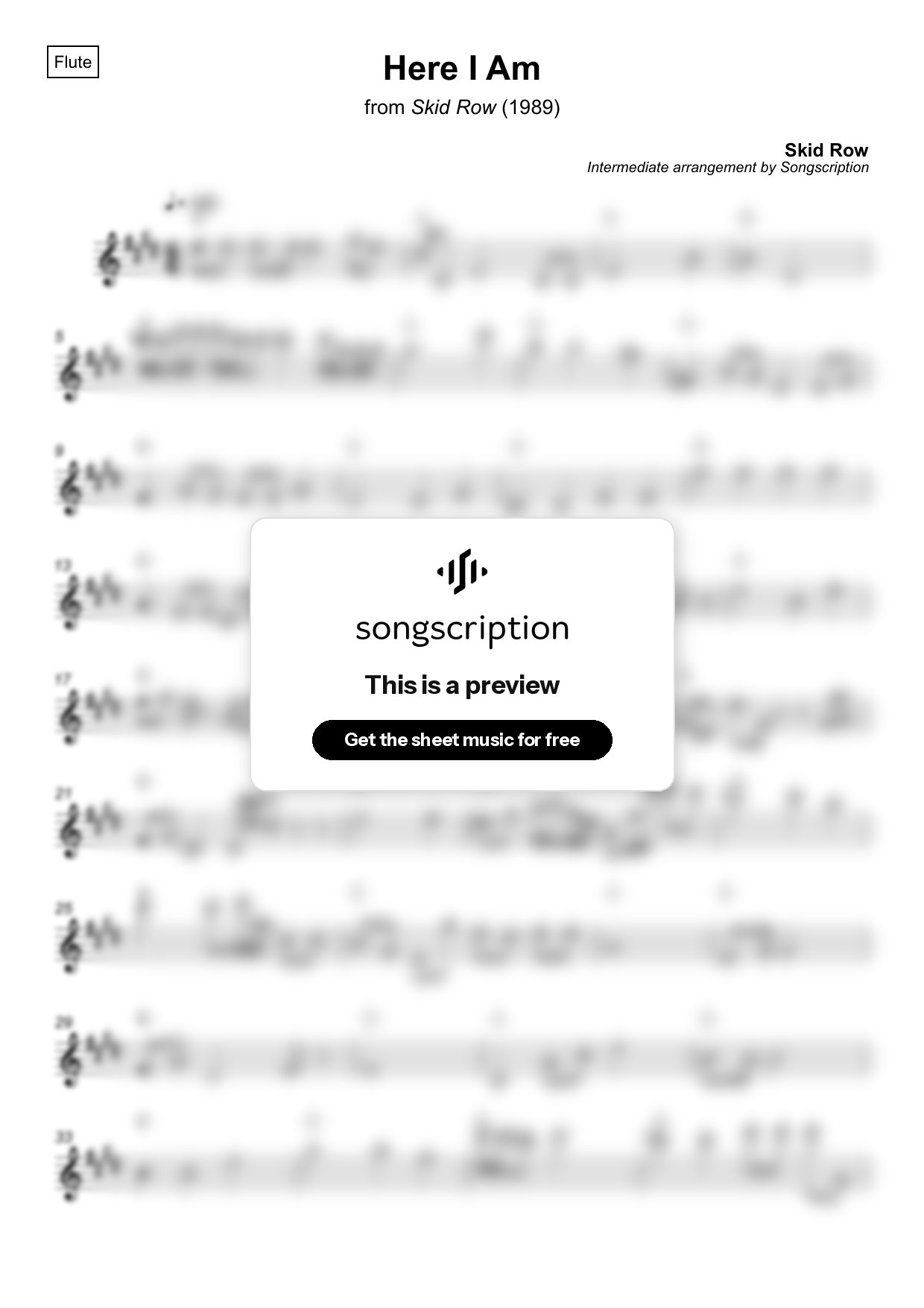 Intermediate Flute Sheet Music for "Here I Am" by Skid Row