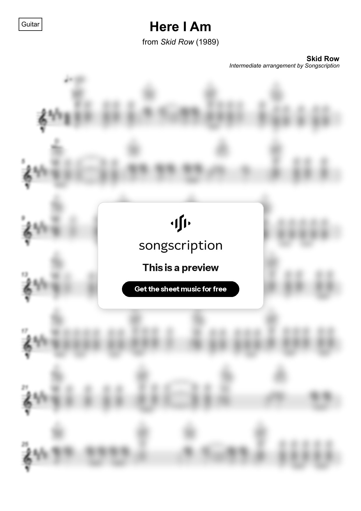 Intermediate Acoustic Guitar Sheet Music for "Here I Am" by Skid Row