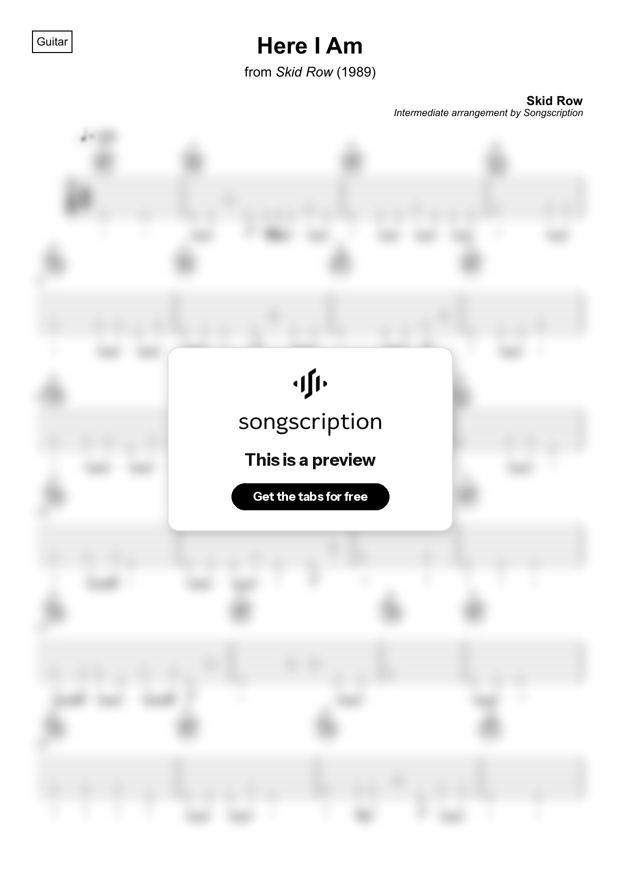 Intermediate Acoustic Guitar Tabs for "Here I Am" by Skid Row
