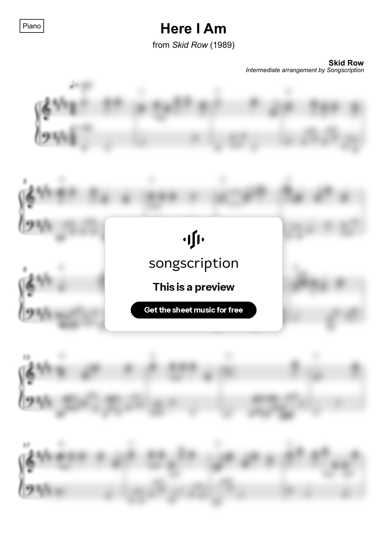 Intermediate Piano Sheet Music for "Here I Am" by Skid Row