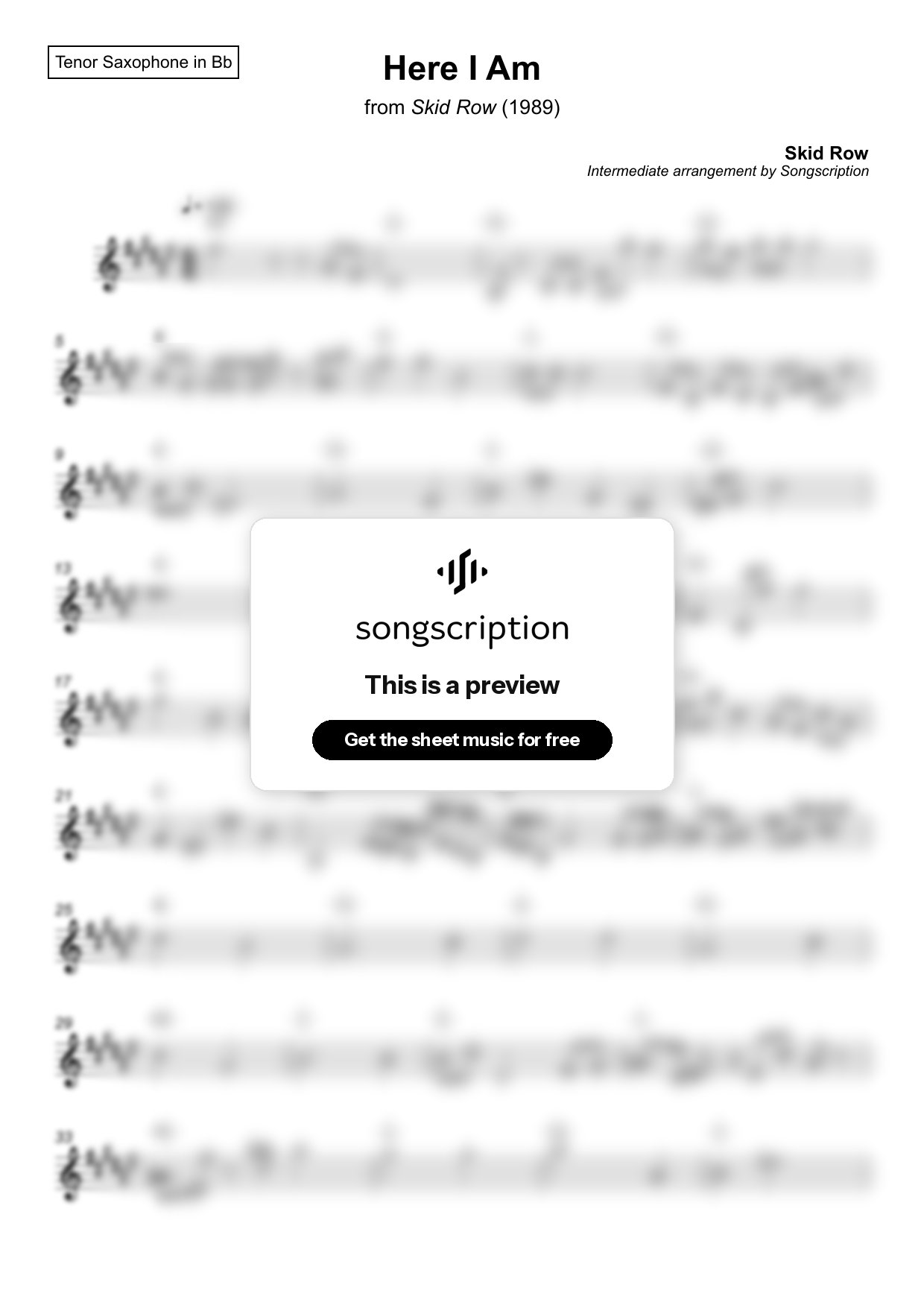 Intermediate Tenor Sax Sheet Music for "Here I Am" by Skid Row