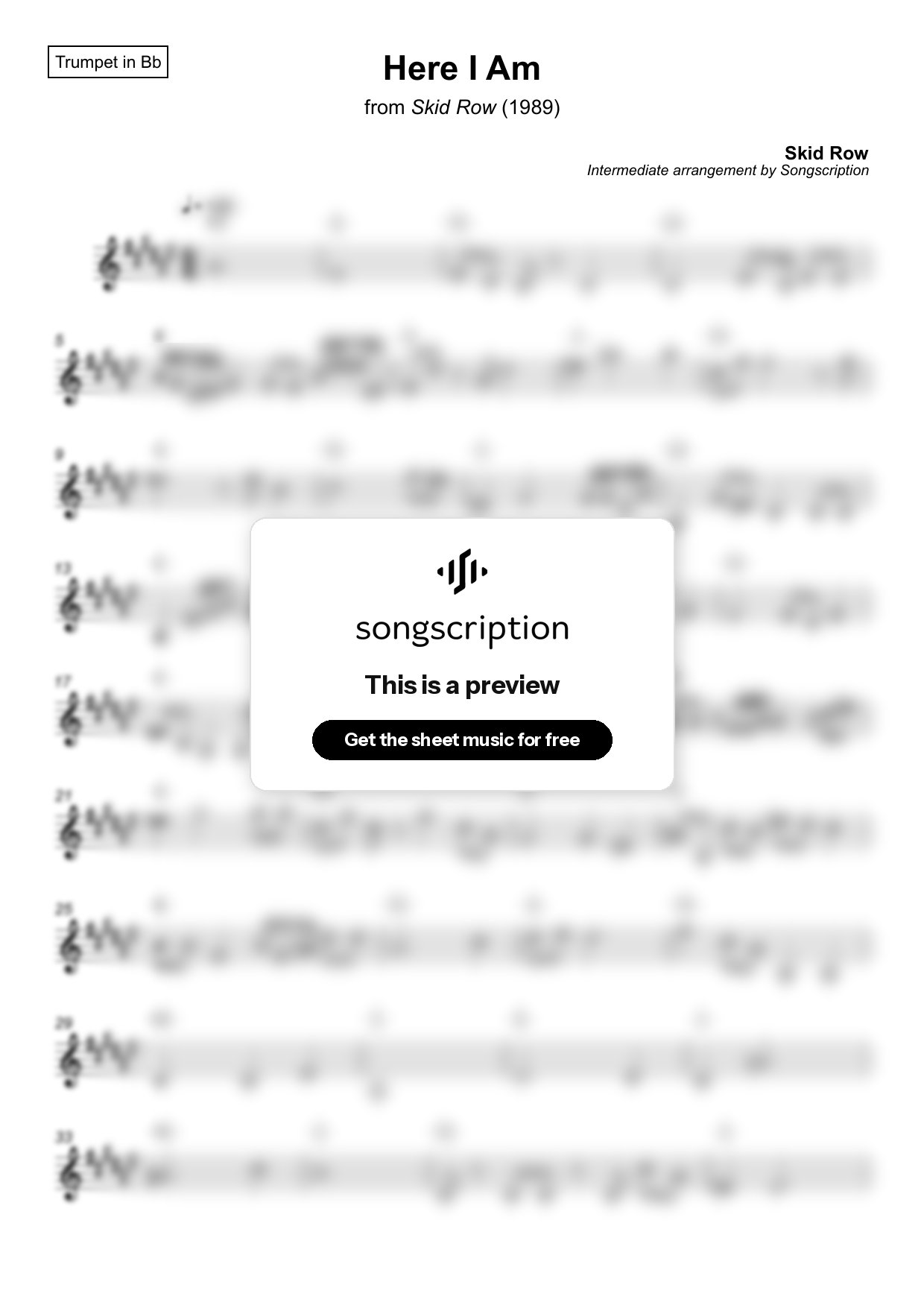 Intermediate Trumpet Sheet Music for "Here I Am" by Skid Row