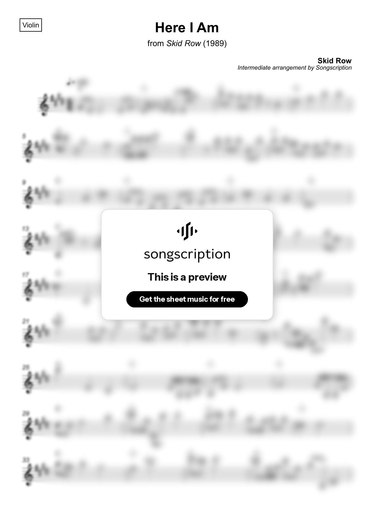 Intermediate Violin Sheet Music for "Here I Am" by Skid Row