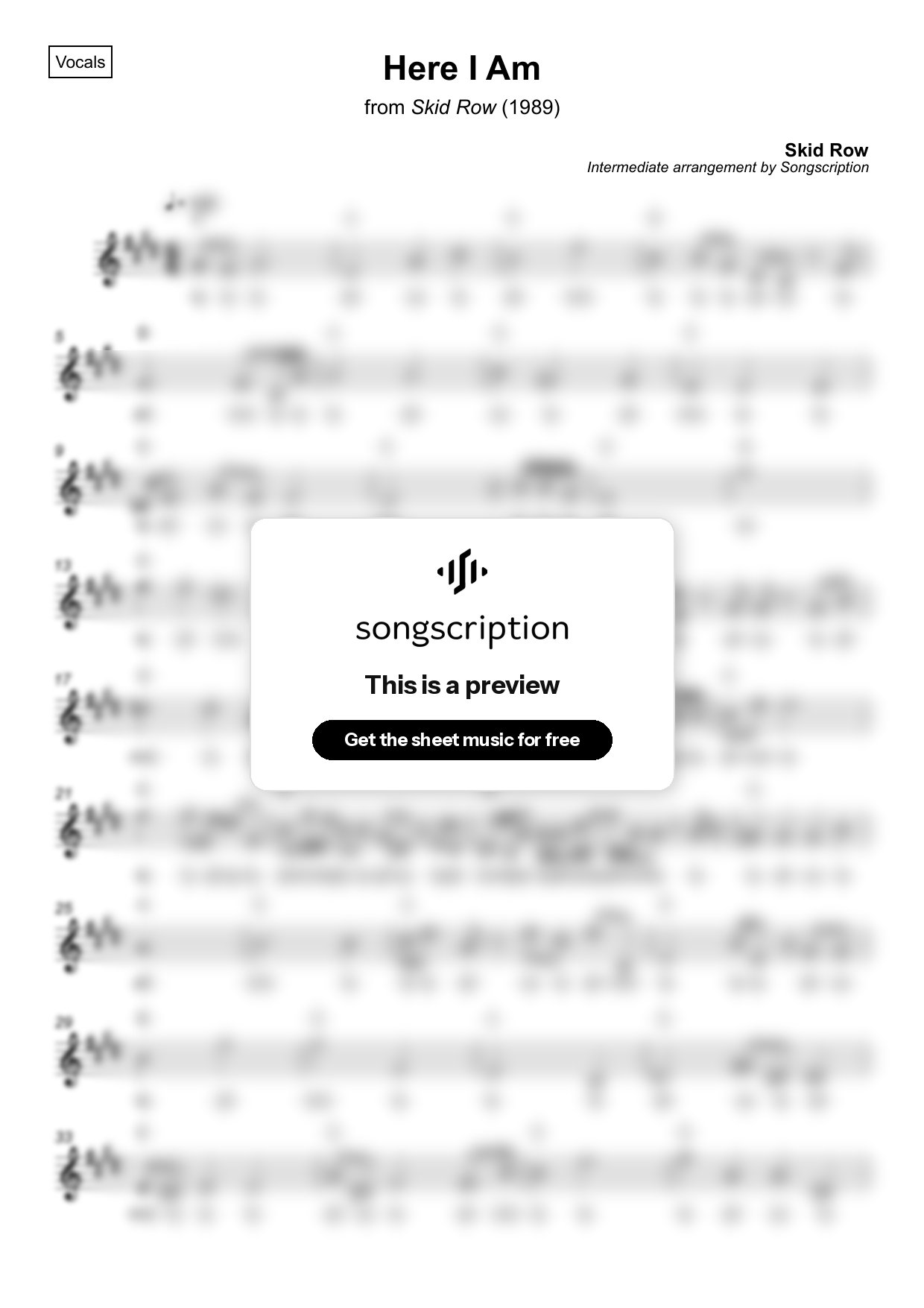 Intermediate Vocals Sheet Music for "Here I Am" by Skid Row