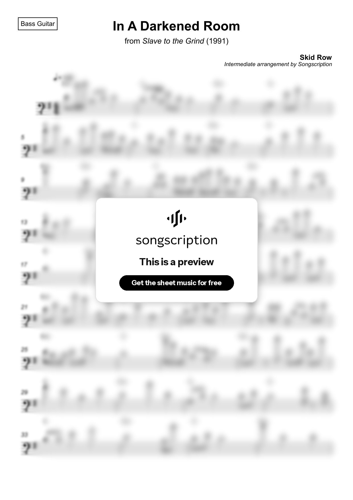 Intermediate Bass Guitar Sheet Music for "In A Darkened Room" by Skid Row