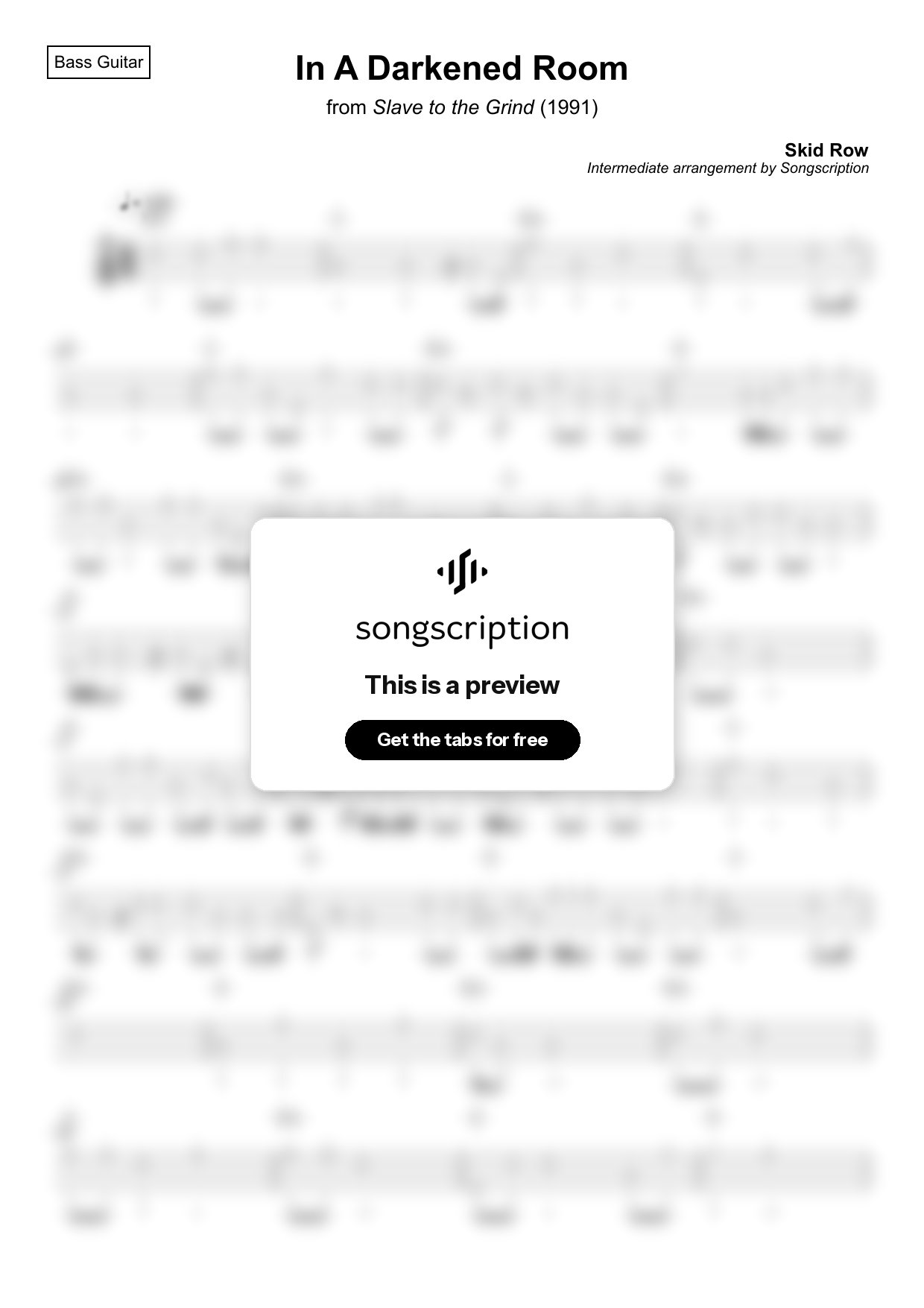 Intermediate Bass Guitar Tabs for "In A Darkened Room" by Skid Row