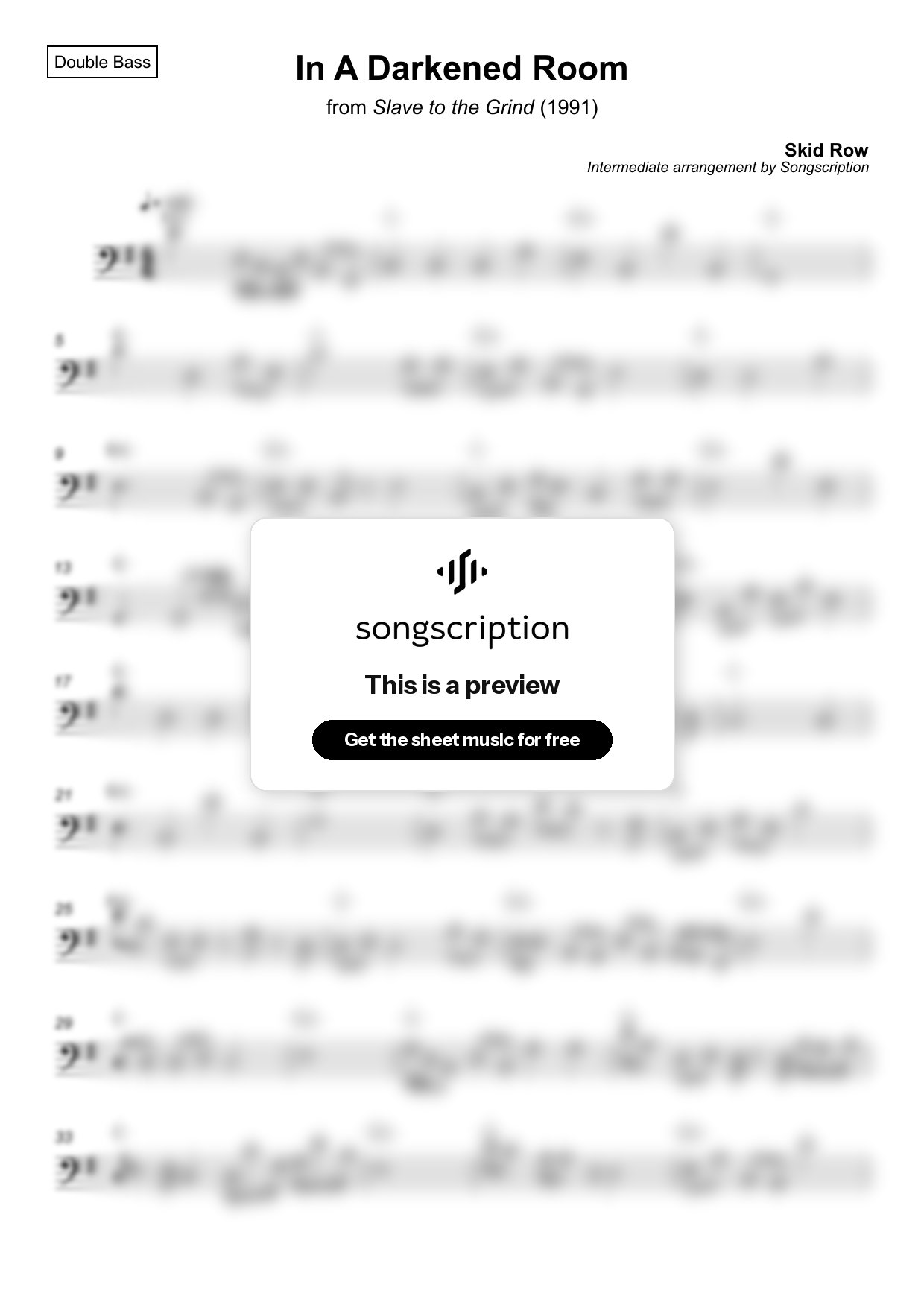 Intermediate Double Bass Sheet Music for "In A Darkened Room" by Skid Row