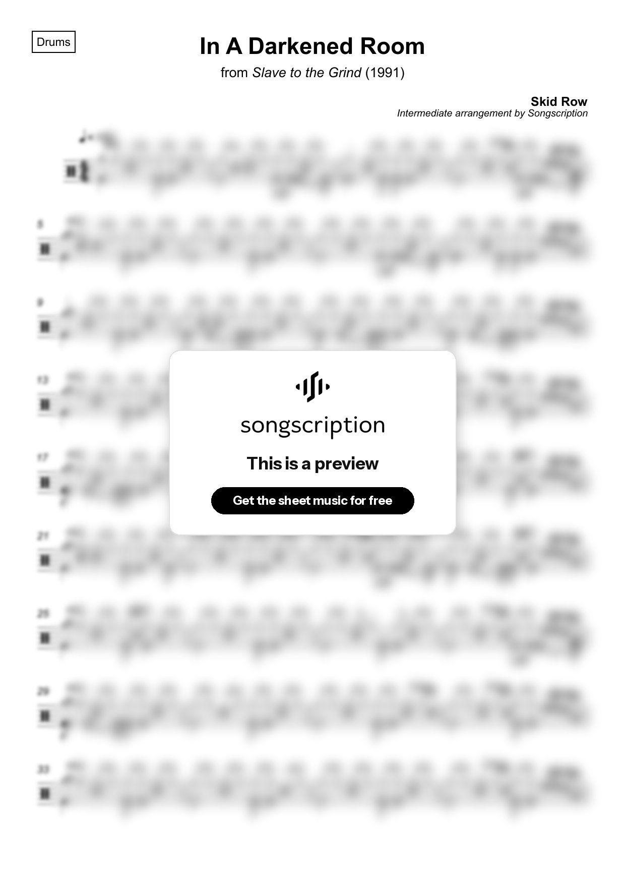 Intermediate Drums Sheet Music for "In A Darkened Room" by Skid Row